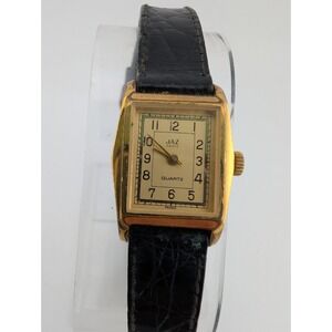 Vintage Jaz Paris Tank Watch Women 18mm Gold Case‎ Leather Band- New Battery